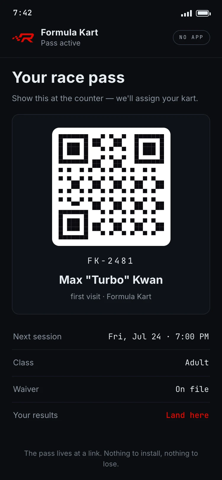 The QR race pass on the guest's phone — the pass number, the next session, the waiver marked on file, and a note that it opens from a link with nothing to install