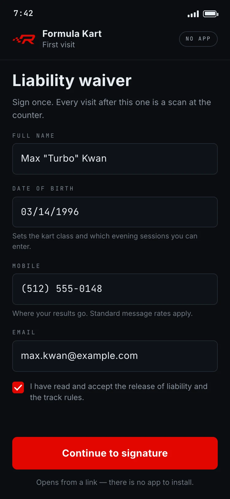 A digital liability waiver on the guest's own phone — full name, date of birth, mobile number, email and one box accepting the release and the track rules