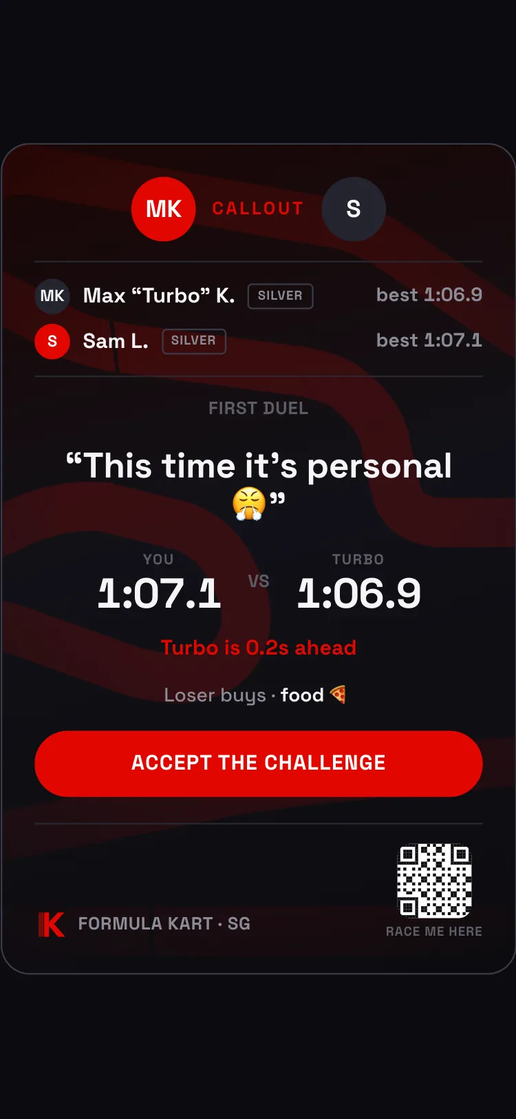 A callout card challenging a friend to beat the time