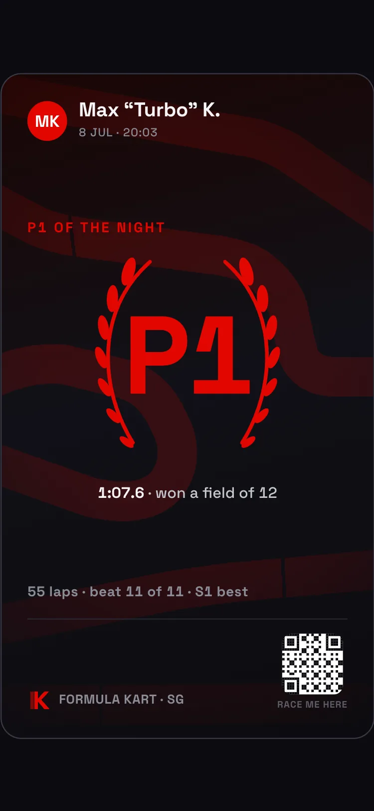 Shareable P1-of-the-night card with a laurel and the track's QR code