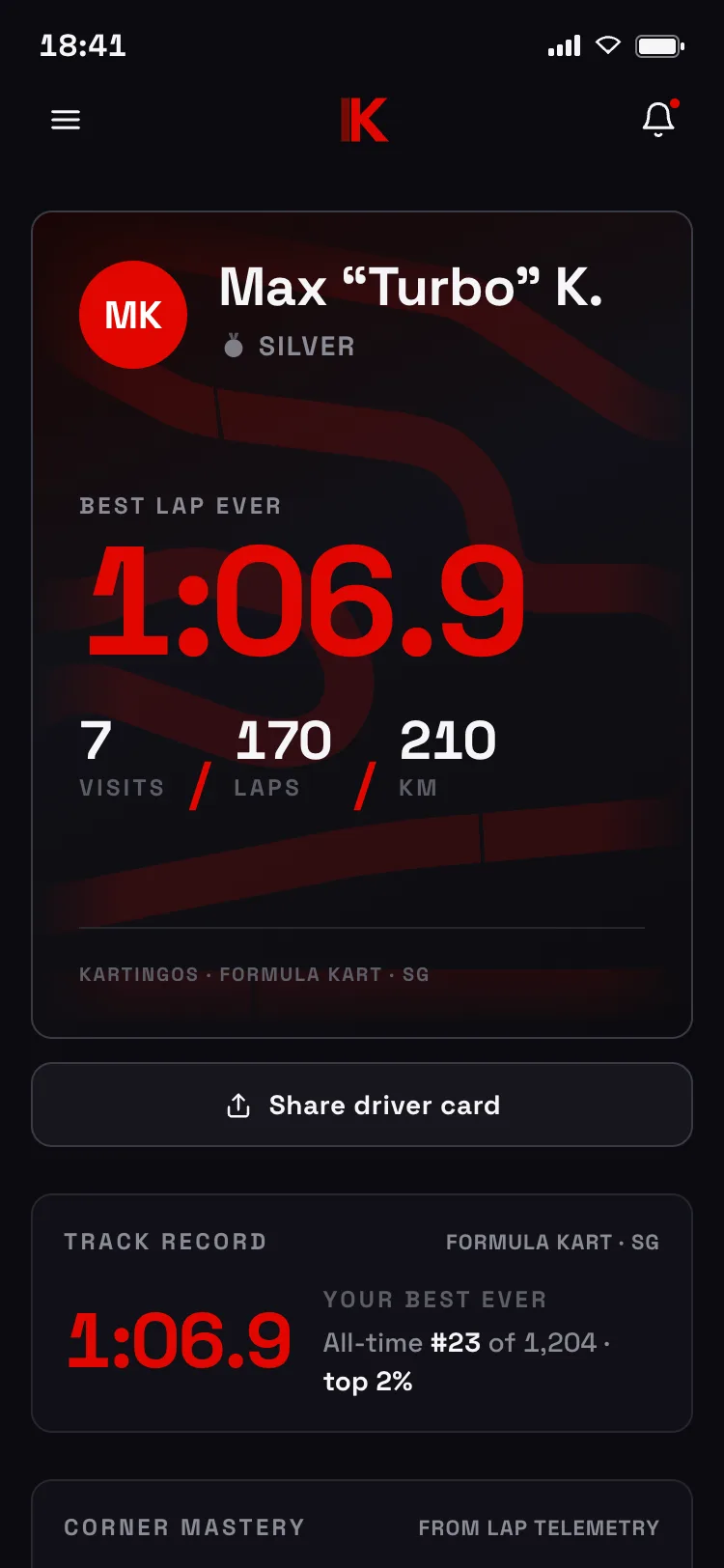The all-time driver card — best lap ever and the driver's place in the track ranking