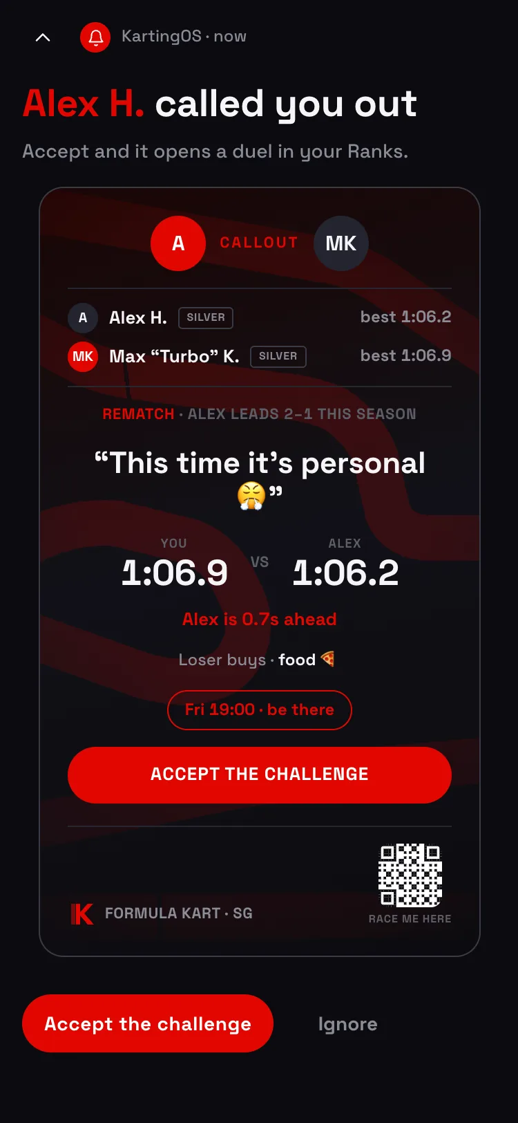 An incoming duel challenge — one driver against another, settled on best lap